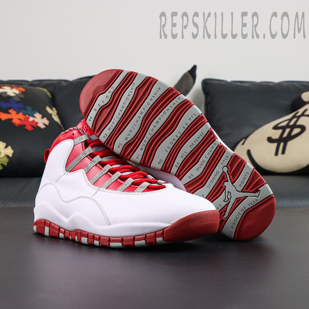 Air Jordan 10 Retro “Red Steel” outsole display featuring classic red and grey color blocking with championship achievement detailing