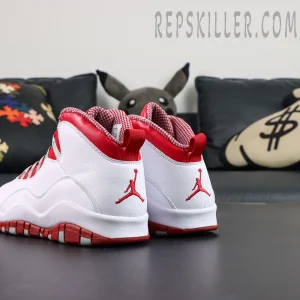 Air Jordan 10 Retro “Red Steel” rear heel view featuring white leather uppers and embroidered red Jumpman logos
