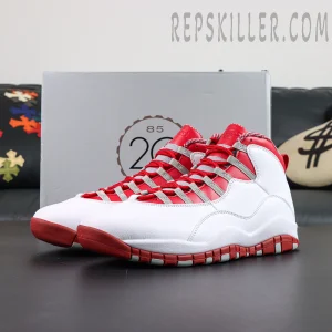 Air Jordan 10 Retro “Red Steel” display with shoe box featuring the classic mid-top silhouette in white and red tones