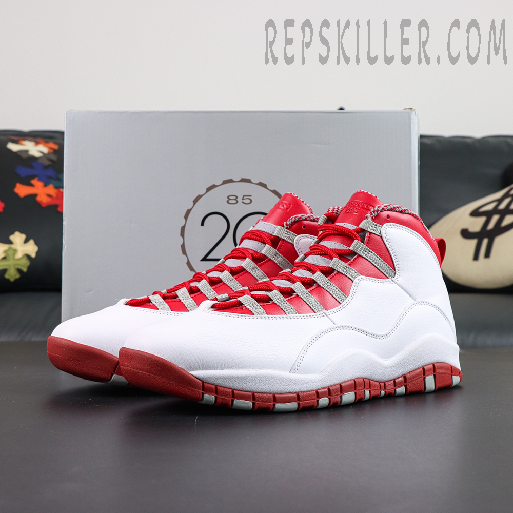 Air Jordan 10 Retro “Red Steel” display with shoe box featuring the classic mid-top silhouette in white and red tones