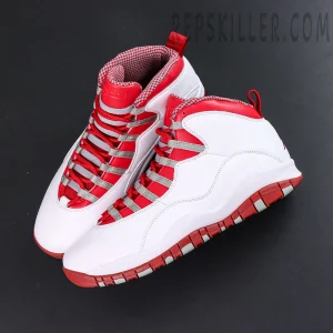 Air Jordan 10 Retro “Red Steel” angled top view showcasing bright red tongues and grey webbing lace loops