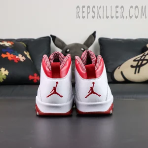 Air Jordan 10 Retro “Red Steel” direct heel view featuring red pull tabs and embroidered Jumpman branding