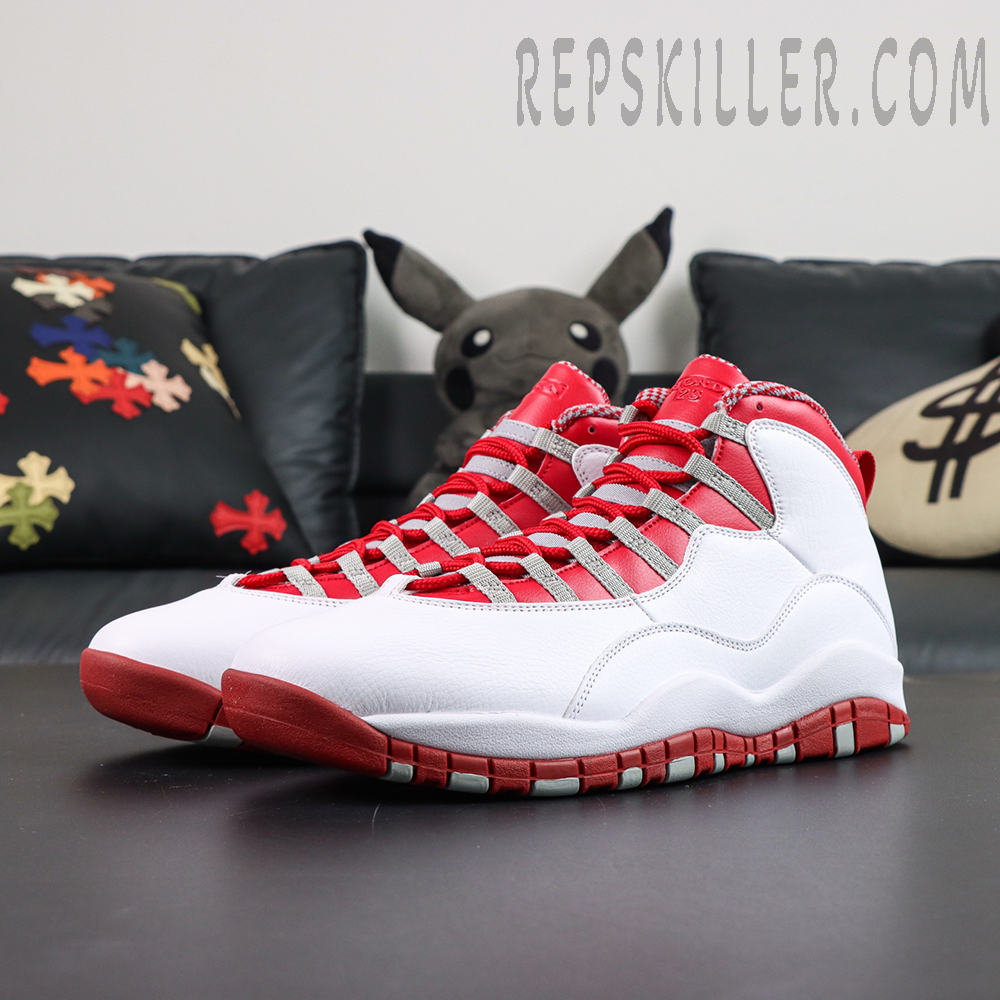 Air Jordan 10 Retro “Red Steel” front angled view showcasing the iconic white and red color scheme with sculpted midsoles