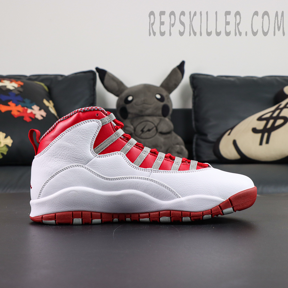Air Jordan 10 Retro “Red Steel” lateral side profile featuring white leather uppers with red inner lining and grey lace support system