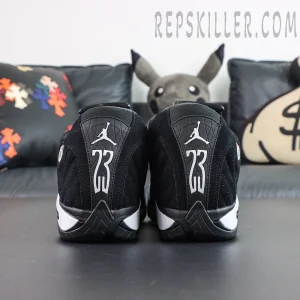 Jordan 14 Retro “Black White” rear view highlighting the signature number 23 and Jumpman branding on the heel