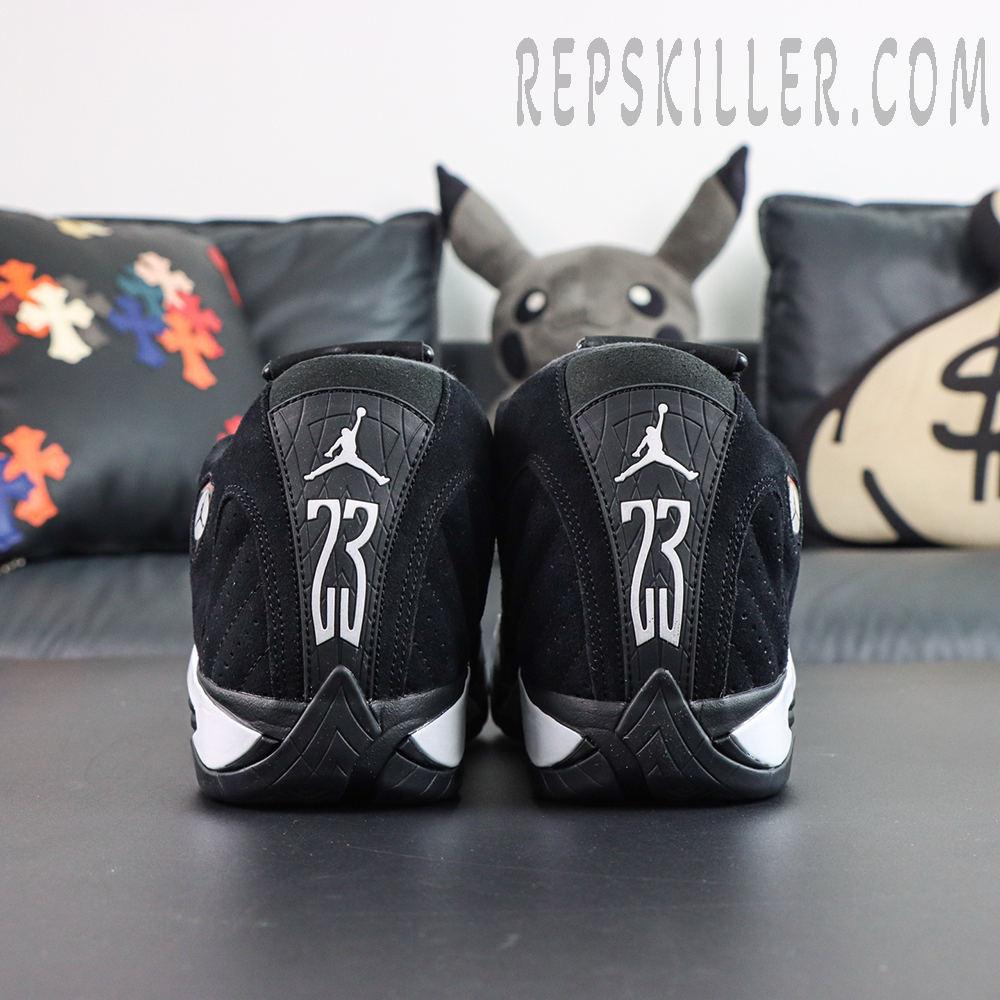 Jordan 14 Retro “Black White” rear view highlighting the signature number 23 and Jumpman branding on the heel