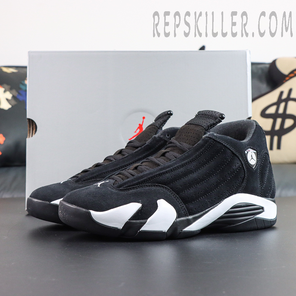 Jordan 14 Retro “Black White” front angled view featuring a premium black suede upper contrasted with a clean white midsole
