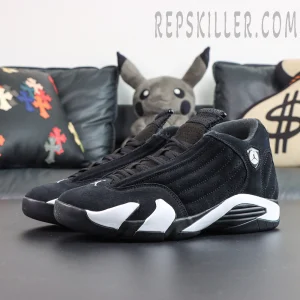 Jordan 14 Retro “Black White” angled view showcasing the sleek black-and-white color scheme and the iconic streamlined basketball silhouette