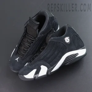 Jordan 14 Retro “Black White” top-down view showcasing the streamlined upper and Ferrari-inspired side badge design