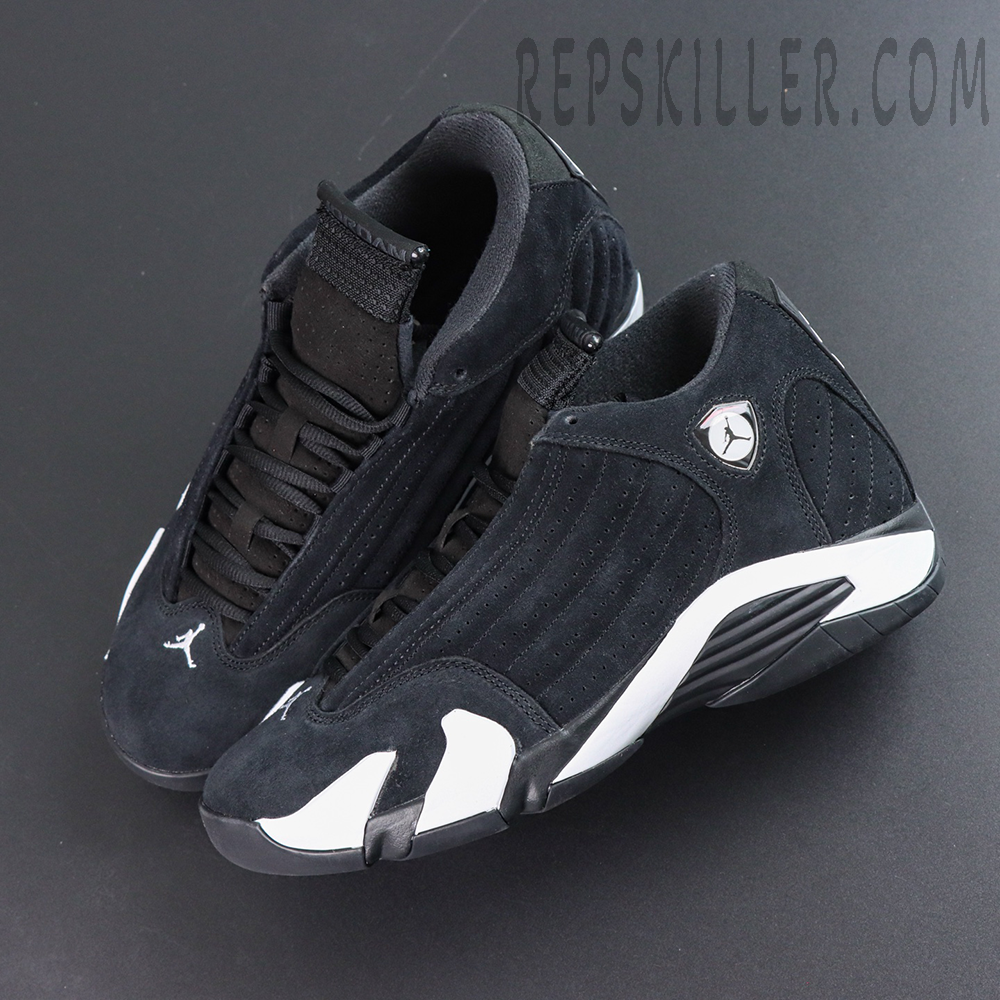 Jordan 14 Retro “Black White” top-down view showcasing the streamlined upper and Ferrari-inspired side badge design