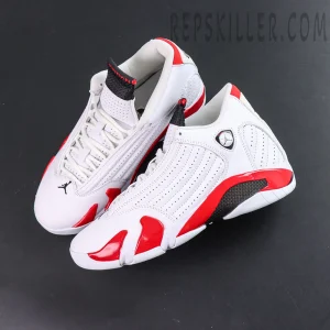 Jordan 14 Retro “Candy Cane” top view featuring iconic white and red color blocking with sleek racing-inspired silhouette