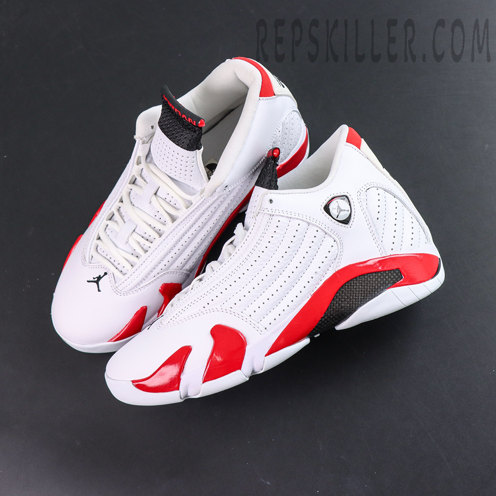 Jordan 14 Retro “Candy Cane” top view featuring iconic white and red color blocking with sleek racing-inspired silhouette