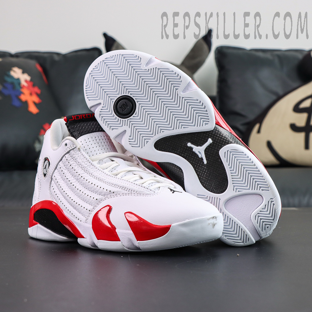 Jordan 14 Retro “Candy Cane” outsole view featuring white herringbone traction and carbon fiber support plate