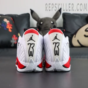 Jordan 14 Retro “Candy Cane” heel view showcasing iconic 23 branding and Jumpman logo details
