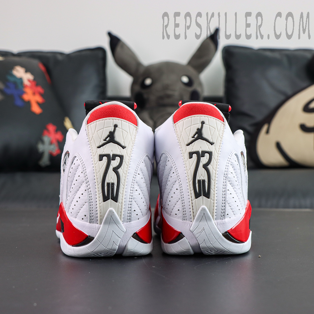 Jordan 14 Retro “Candy Cane” heel view showcasing iconic 23 branding and Jumpman logo details