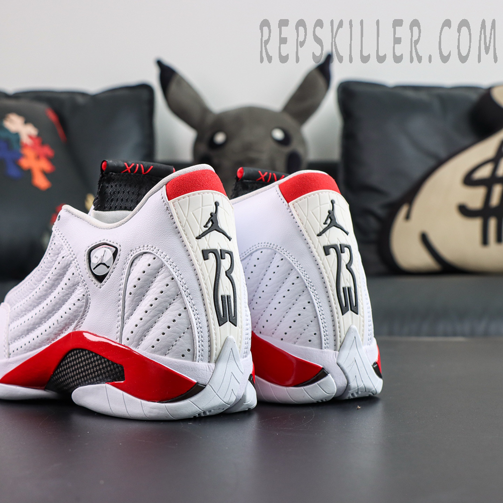 Jordan 14 Retro “Candy Cane” rear side detail featuring red midsole accents inspired by Ferrari styling cues