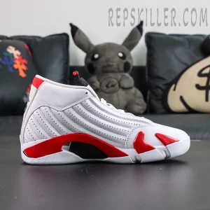 Jordan 14 Retro “Candy Cane” side profile featuring premium white leather upper with red and black midsole accents