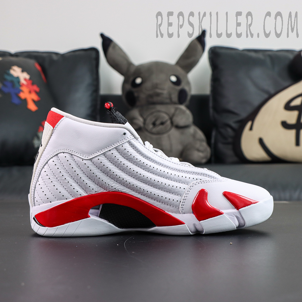 Jordan 14 Retro “Candy Cane” side profile featuring premium white leather upper with red and black midsole accents