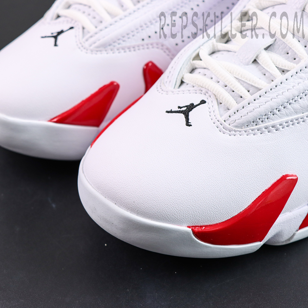 Jordan 14 Retro “Candy Cane” toe detail featuring glossy red accents and black Jumpman logo branding