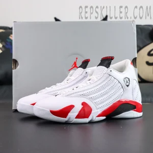 Jordan 14 Retro “Candy Cane” displayed with shoebox highlighting classic white and red retro basketball styling