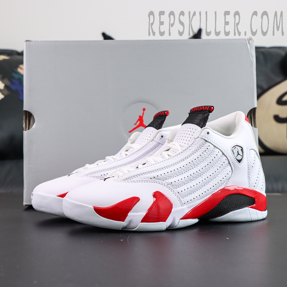 Jordan 14 Retro “Candy Cane” displayed with shoebox highlighting classic white and red retro basketball styling