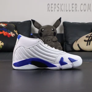 Air Jordan 14 Retro “Hyper Royal” side profile featuring a white leather upper with blue midsole accents and streamlined styling