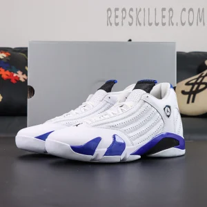 Air Jordan 14 Retro “Hyper Royal” full sneaker display featuring the classic low-top silhouette with white and royal blue color blocking