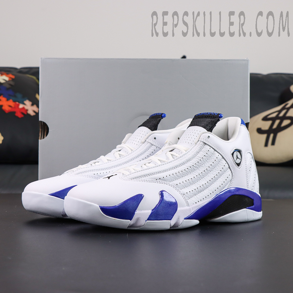 Air Jordan 14 Retro “Hyper Royal” full sneaker display featuring the classic low-top silhouette with white and royal blue color blocking