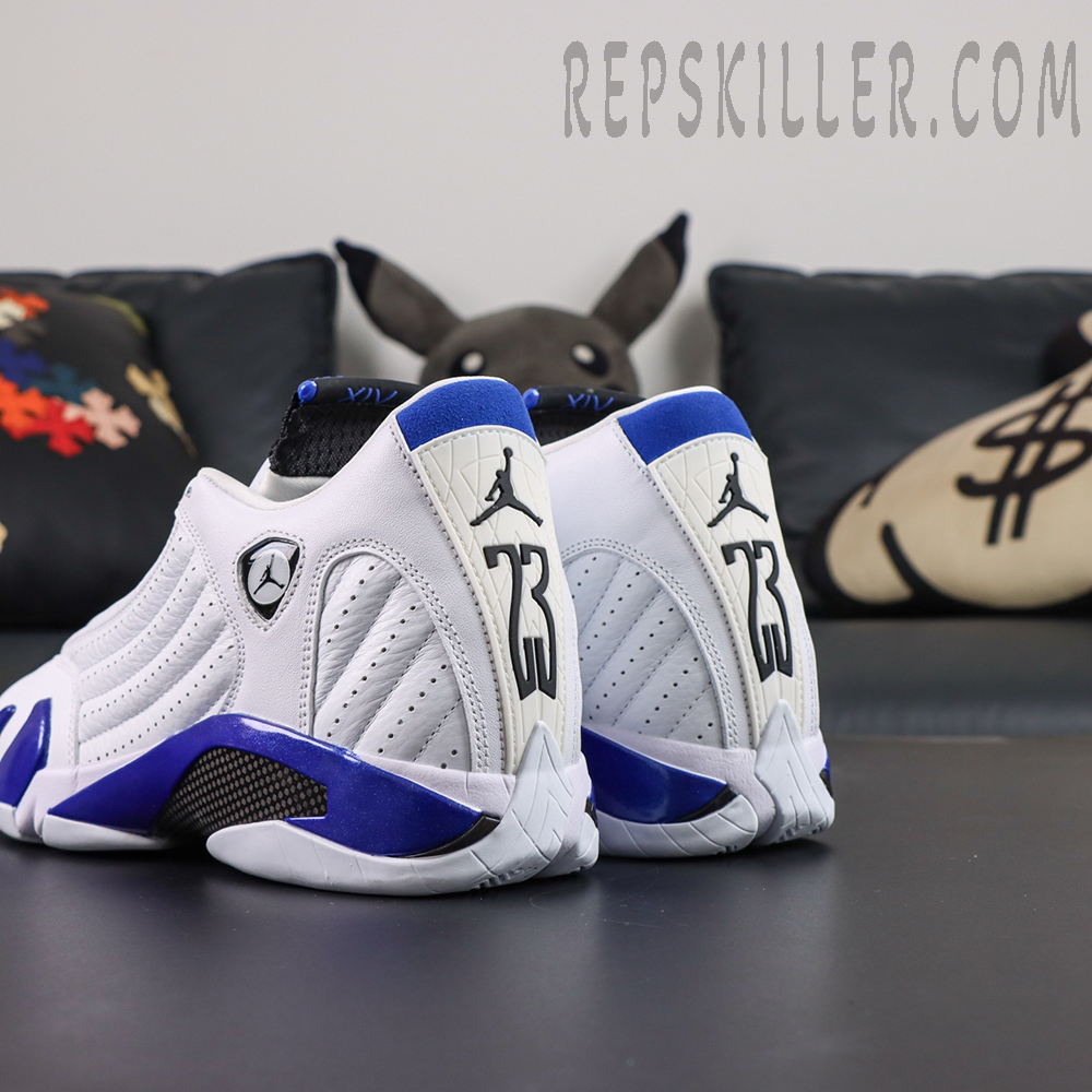 Air Jordan 14 Retro “Hyper Royal” heel detail featuring bold 23 branding and classic Jumpman logo accents