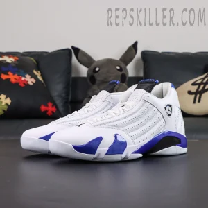 Air Jordan 14 Retro “Hyper Royal” angled front view featuring a streamlined upper with glossy royal blue detailing