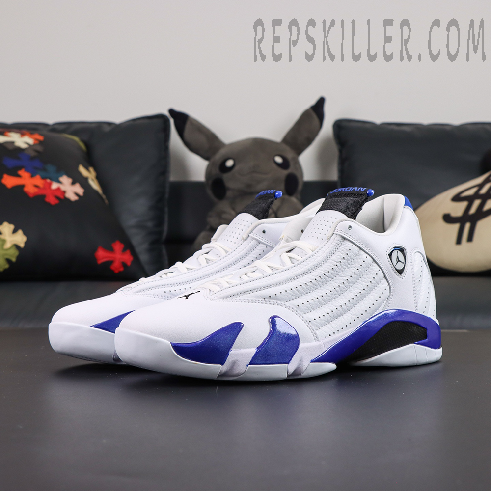Air Jordan 14 Retro “Hyper Royal” angled front view featuring a streamlined upper with glossy royal blue detailing