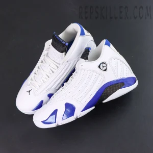 Air Jordan 14 Retro “Hyper Royal” top-down sneaker view featuring white uppers, blue midsole accents, and black tongue details
