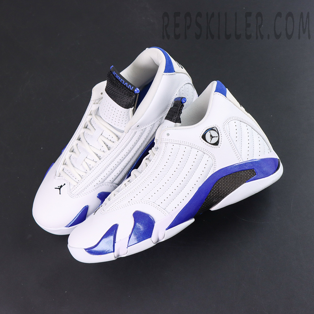 Air Jordan 14 Retro “Hyper Royal” top-down sneaker view featuring white uppers, blue midsole accents, and black tongue details