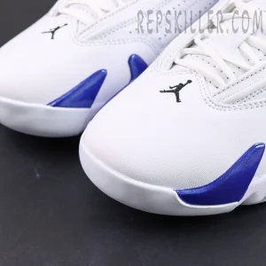 Air Jordan 14 Retro “Hyper Royal” toe box close-up featuring white leather with blue overlays and black Jumpman embroidery