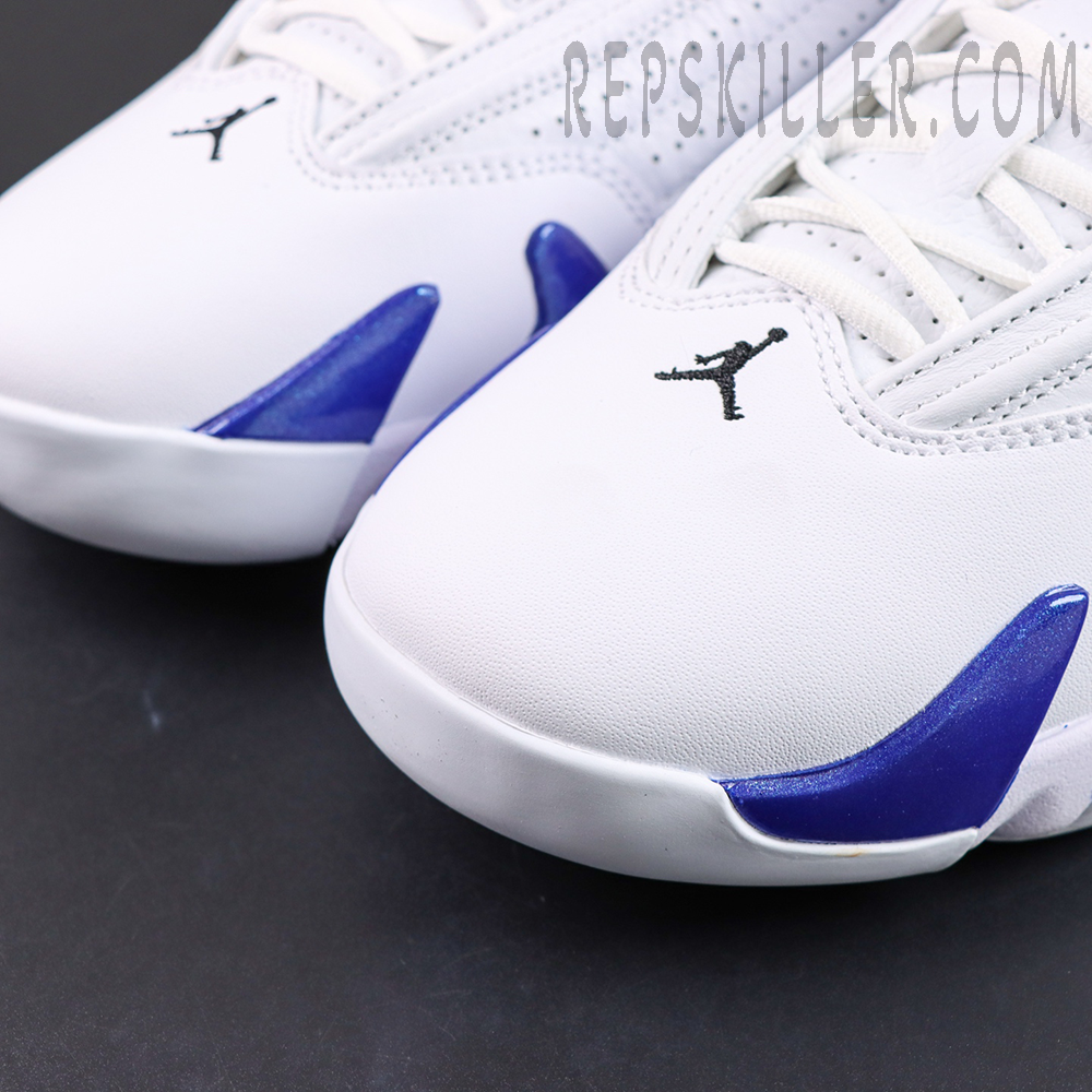 Air Jordan 14 Retro “Hyper Royal” toe box close-up featuring white leather with blue overlays and black Jumpman embroidery