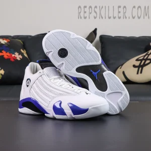 Air Jordan 14 Retro “Hyper Royal” outsole display featuring white herringbone traction, carbon fiber detailing, and a blue Jumpman logo