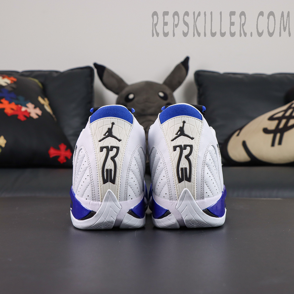 Air Jordan 14 Retro “Hyper Royal” rear heel view featuring iconic 23 heel branding with blue and black accent details