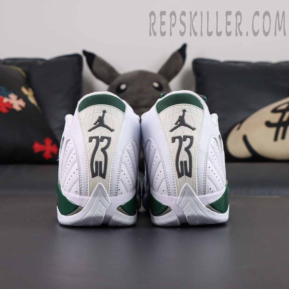 Air Jordan 14 Retro “Forest” rear view showcasing signature Jumpman and large 23 heel branding details