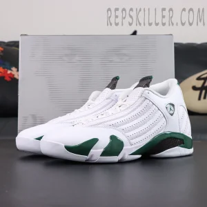 Air Jordan 14 Retro “Forest” displayed with special edition box featuring a sleek Ferrari-inspired white and green silhouette