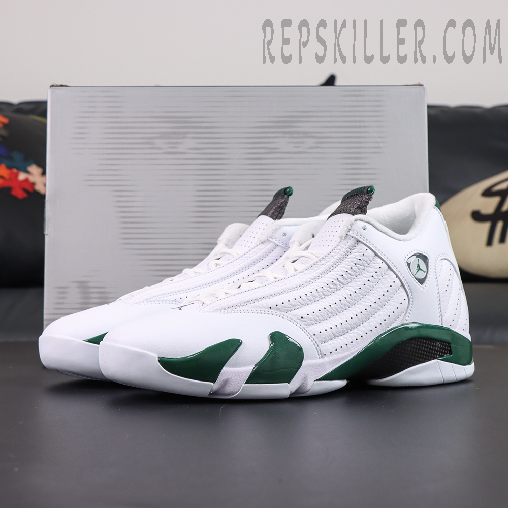 Air Jordan 14 Retro “Forest” displayed with special edition box featuring a sleek Ferrari-inspired white and green silhouette