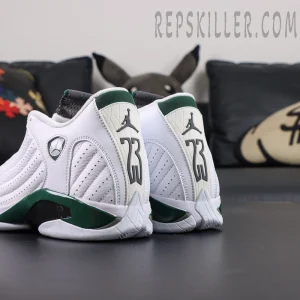 Air Jordan 14 Retro “Forest” heel detail featuring a white leather upper with forest green midsole accents and iconic 23 heel branding