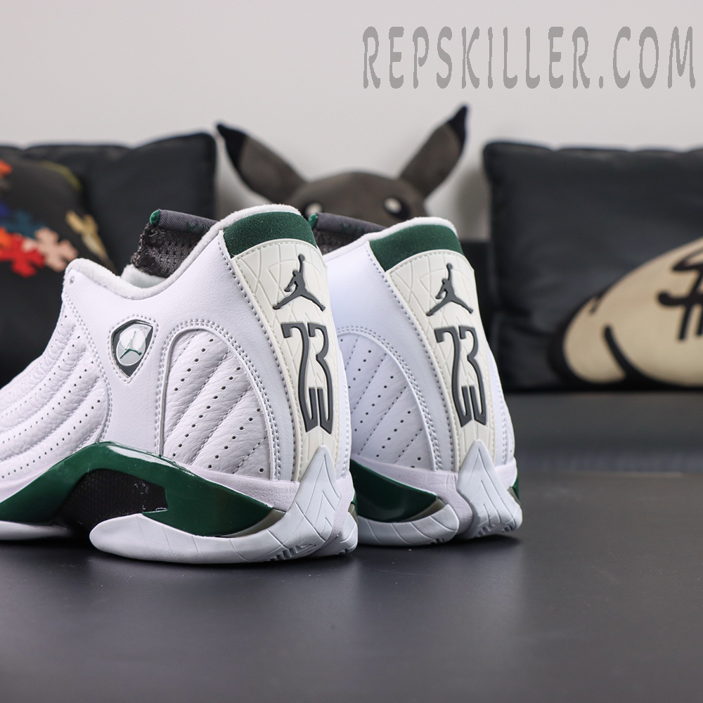 Air Jordan 14 Retro “Forest” heel detail featuring a white leather upper with forest green midsole accents and iconic 23 heel branding