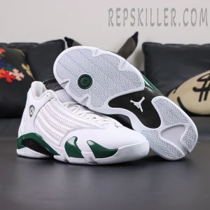 Air Jordan 14 Retro “Forest” outsole view featuring white herringbone traction and carbon fiber support shank