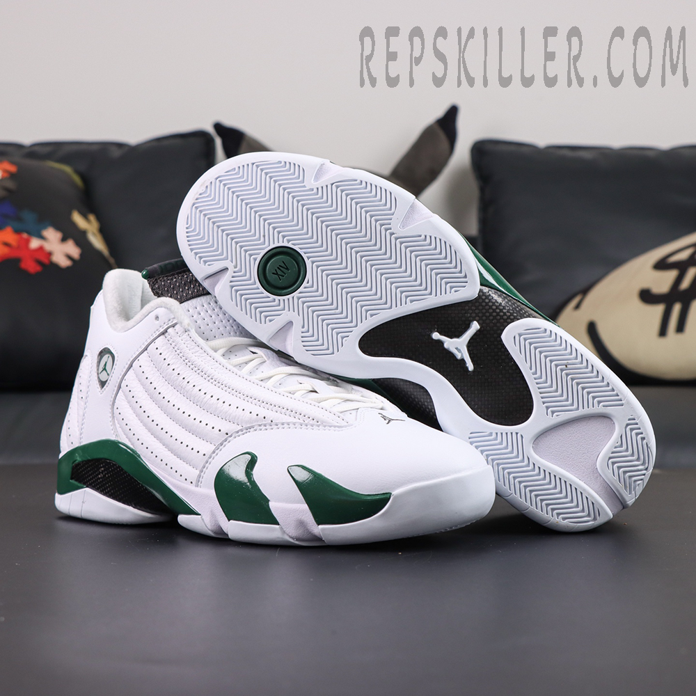 Air Jordan 14 Retro “Forest” outsole view featuring white herringbone traction and carbon fiber support shank