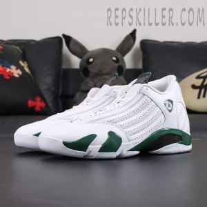 Air Jordan 14 Retro “Forest” front angled view featuring a low-cut streamlined silhouette inspired by luxury sports cars