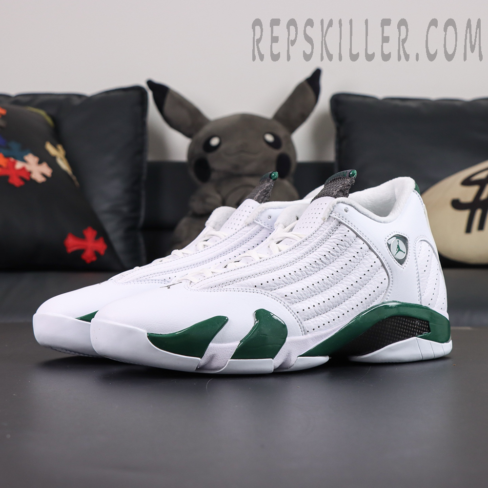 Air Jordan 14 Retro “Forest” front angled view featuring a low-cut streamlined silhouette inspired by luxury sports cars