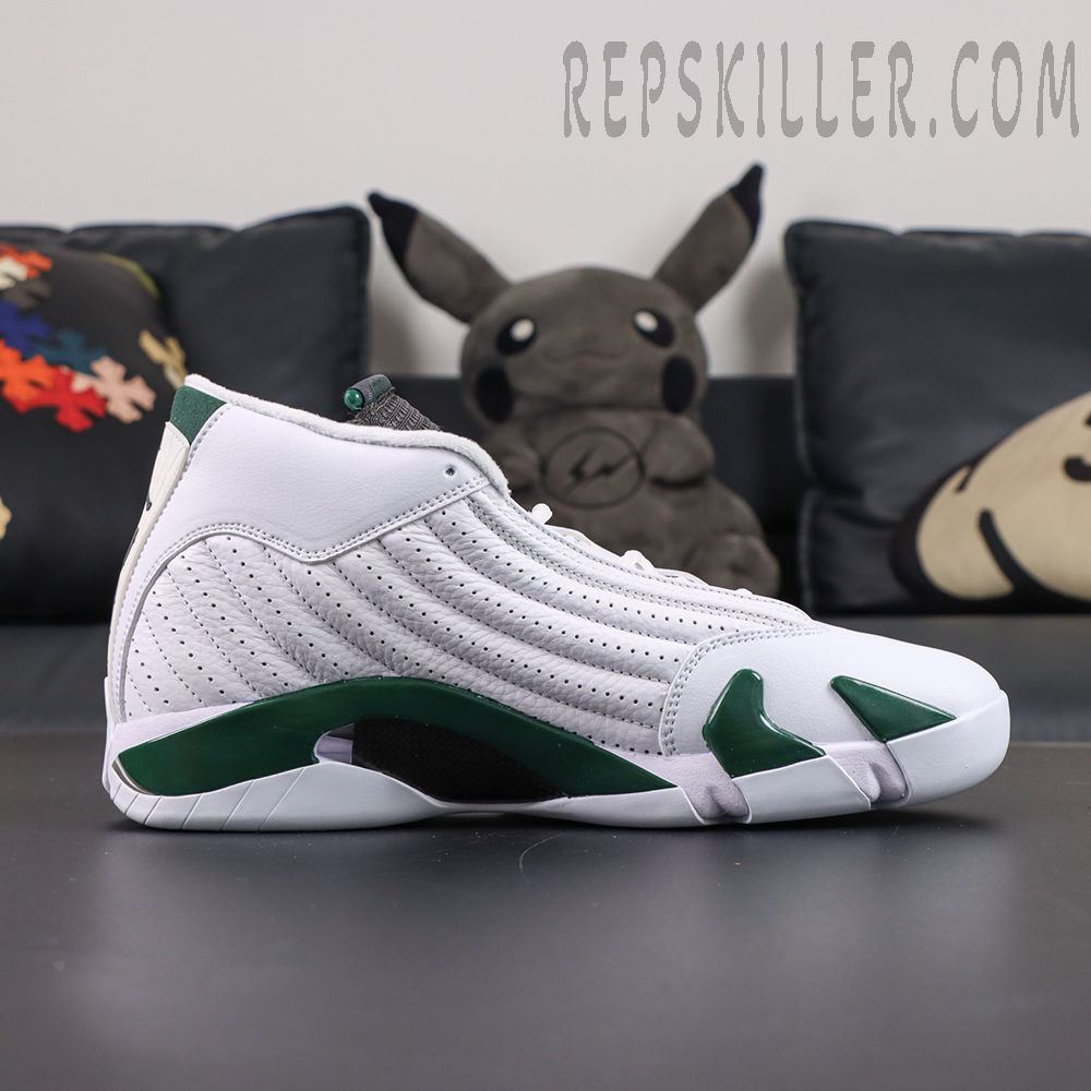 Air Jordan 14 Retro “Forest” lateral side profile featuring perforated white leather panels with forest green midsole accents