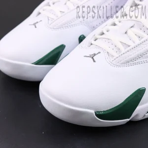 Air Jordan 14 Retro “Forest” toe box detail featuring smooth white leather, green midsole guards, and embroidered Jumpman logo