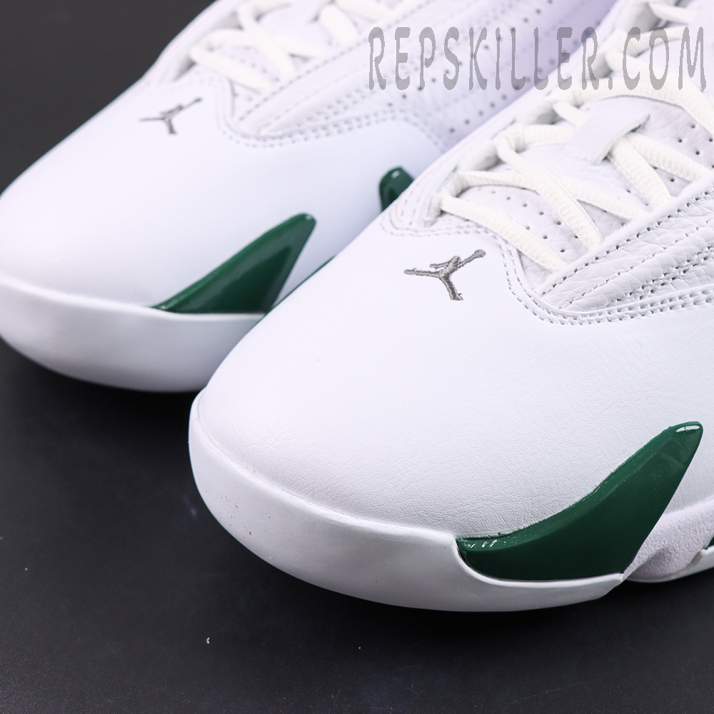 Air Jordan 14 Retro “Forest” toe box detail featuring smooth white leather, green midsole guards, and embroidered Jumpman logo