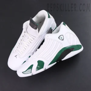 Air Jordan 14 Retro “Forest” top-down view featuring soft white inner lining and signature streamlined AJ14 construction